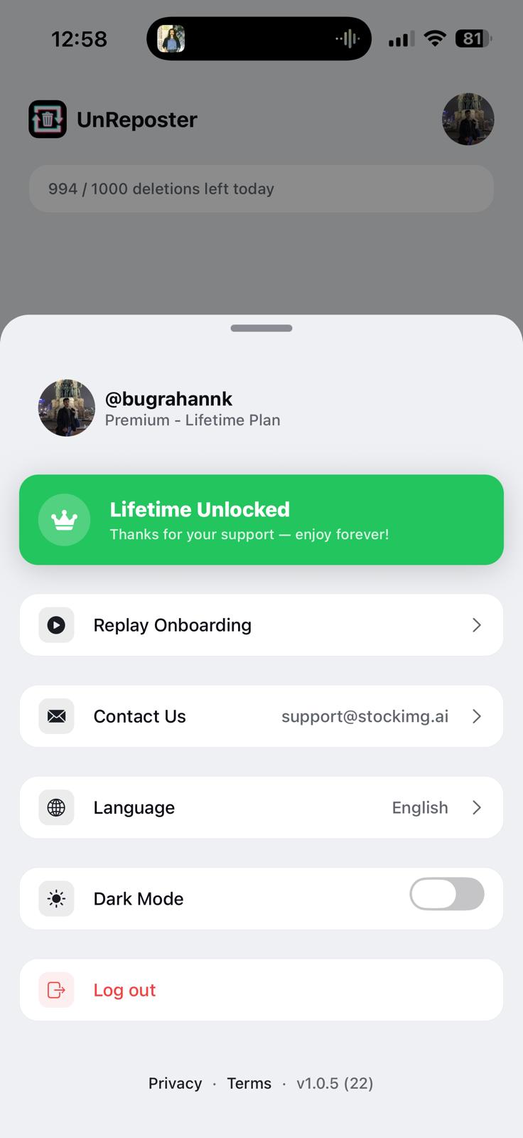 UnReposter profile and privacy settings